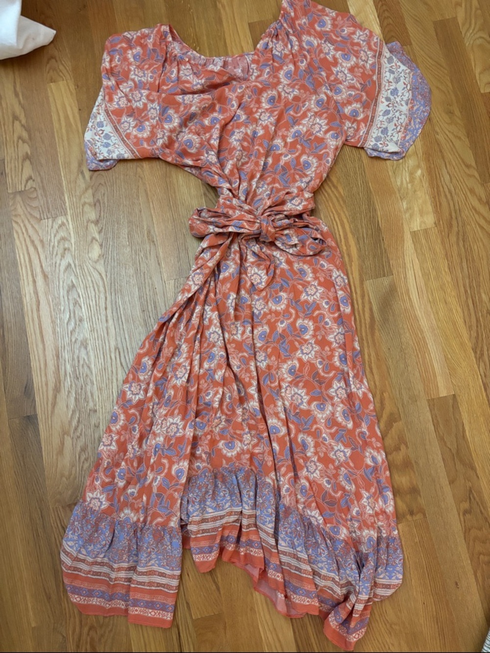 Bohemian Coral Floral Tie-Waist Maxi Dress